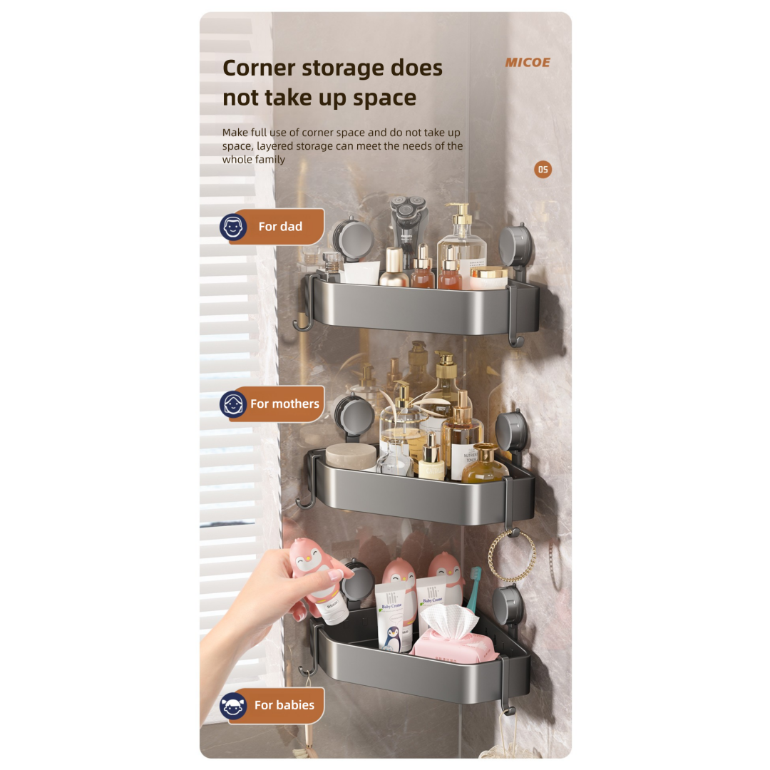 Suction Cup Bathroom Corner Shelf – No Drilling, Heavy-Duty Aluminum