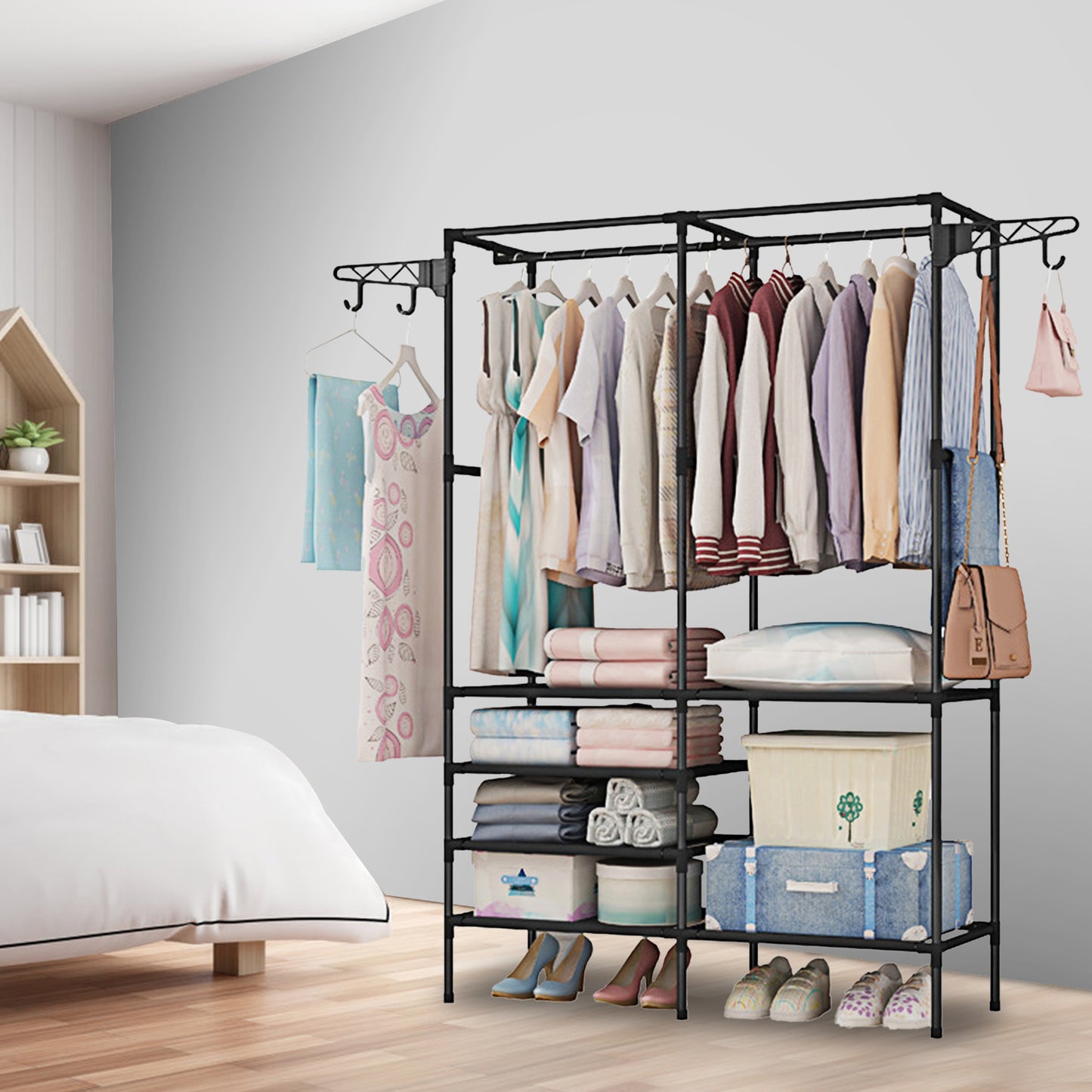 Heavy-Duty Metal Garment Rack with Shelves – Freestanding Clothes & Shoe Organizer