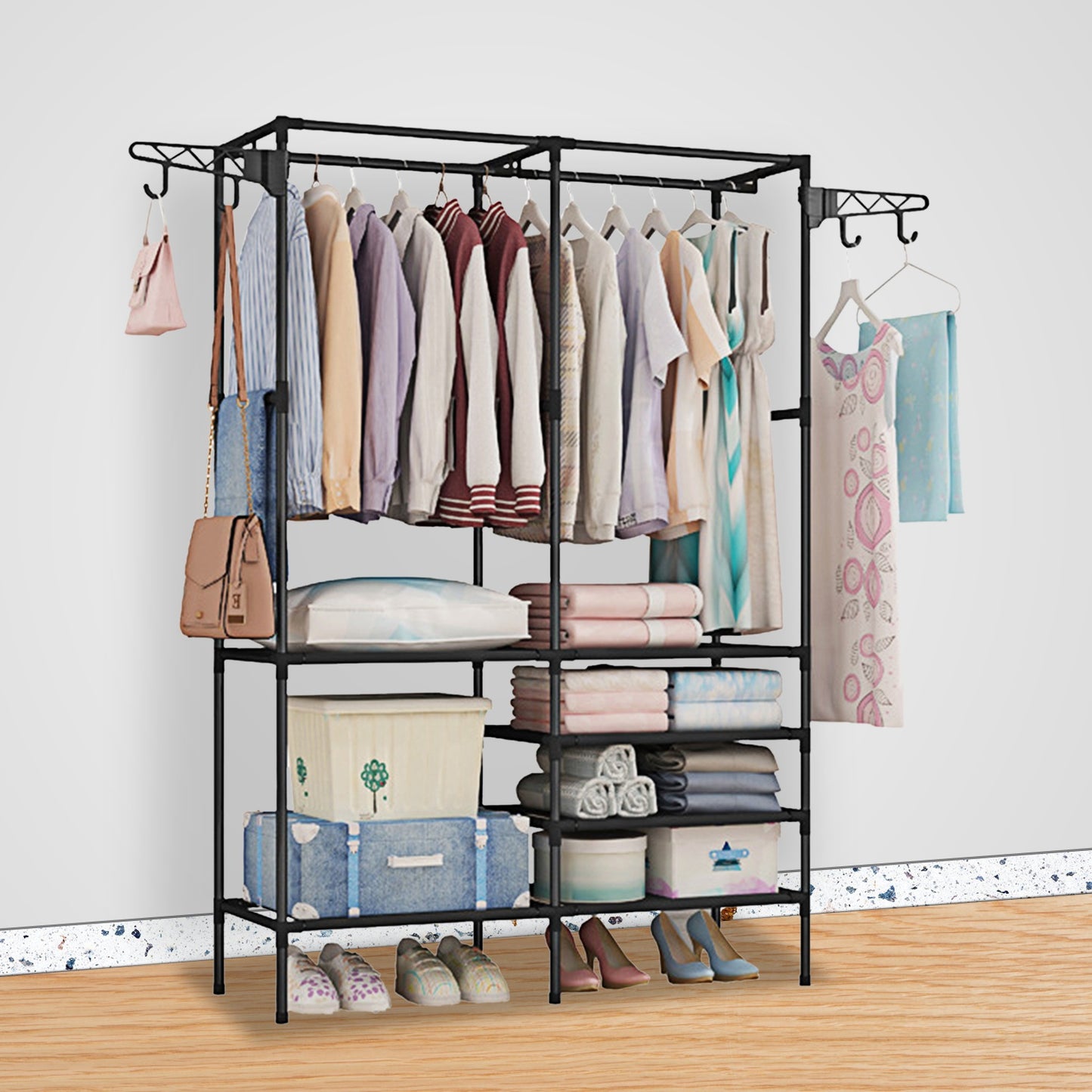 Heavy-Duty Metal Garment Rack with Shelves – Freestanding Clothes & Shoe Organizer