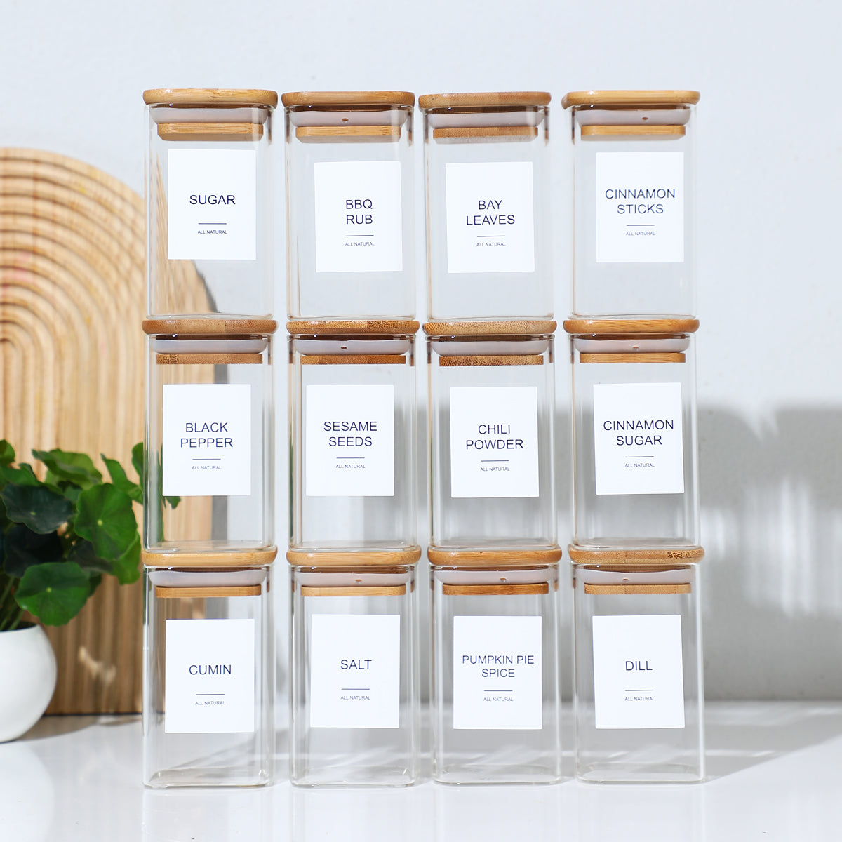 12 Pcs Square Spice Jars Set – Glass Seasoning Containers with Labels & Lids