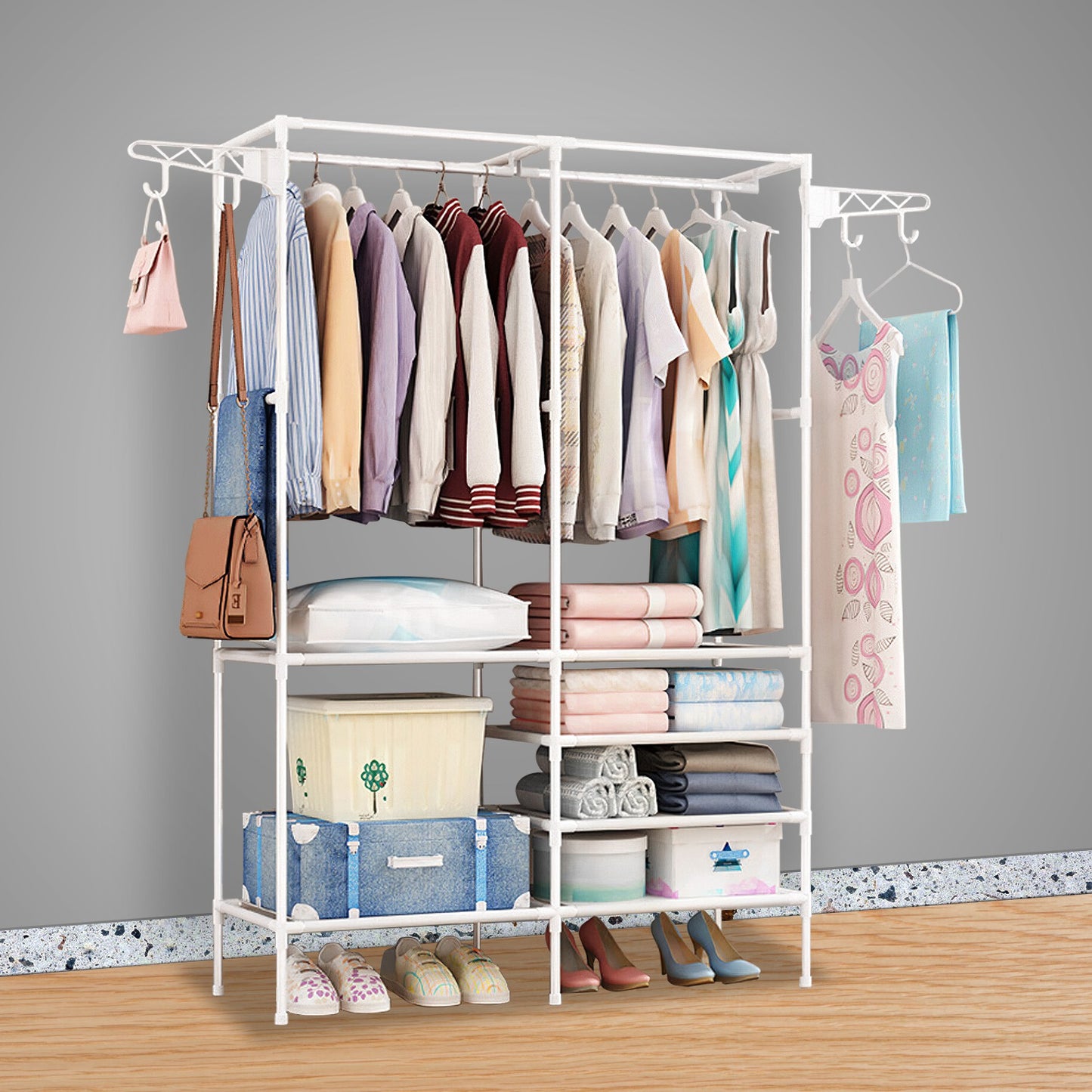 Heavy-Duty Metal Garment Rack with Shelves – Freestanding Clothes & Shoe Organizer