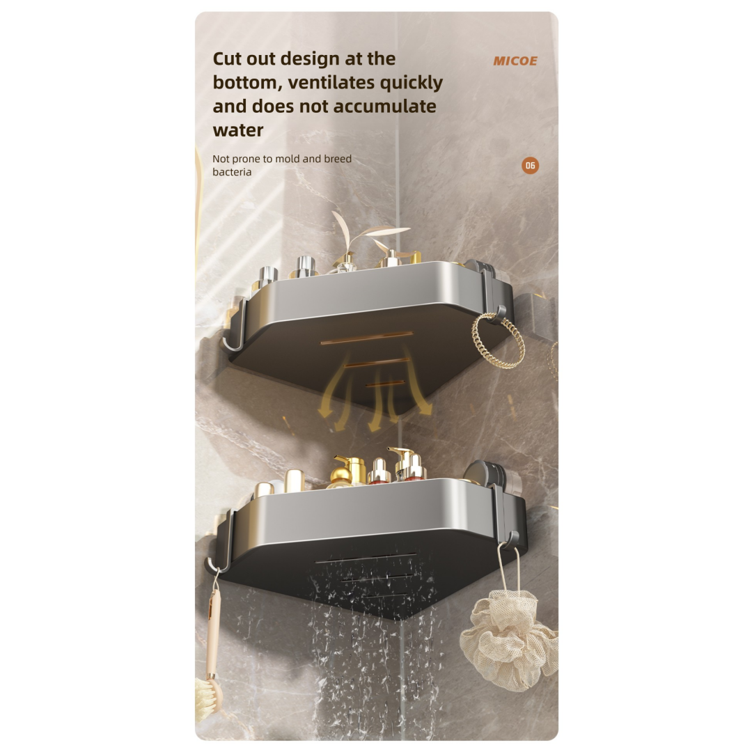 Suction Cup Bathroom Corner Shelf – No Drilling, Heavy-Duty Aluminum