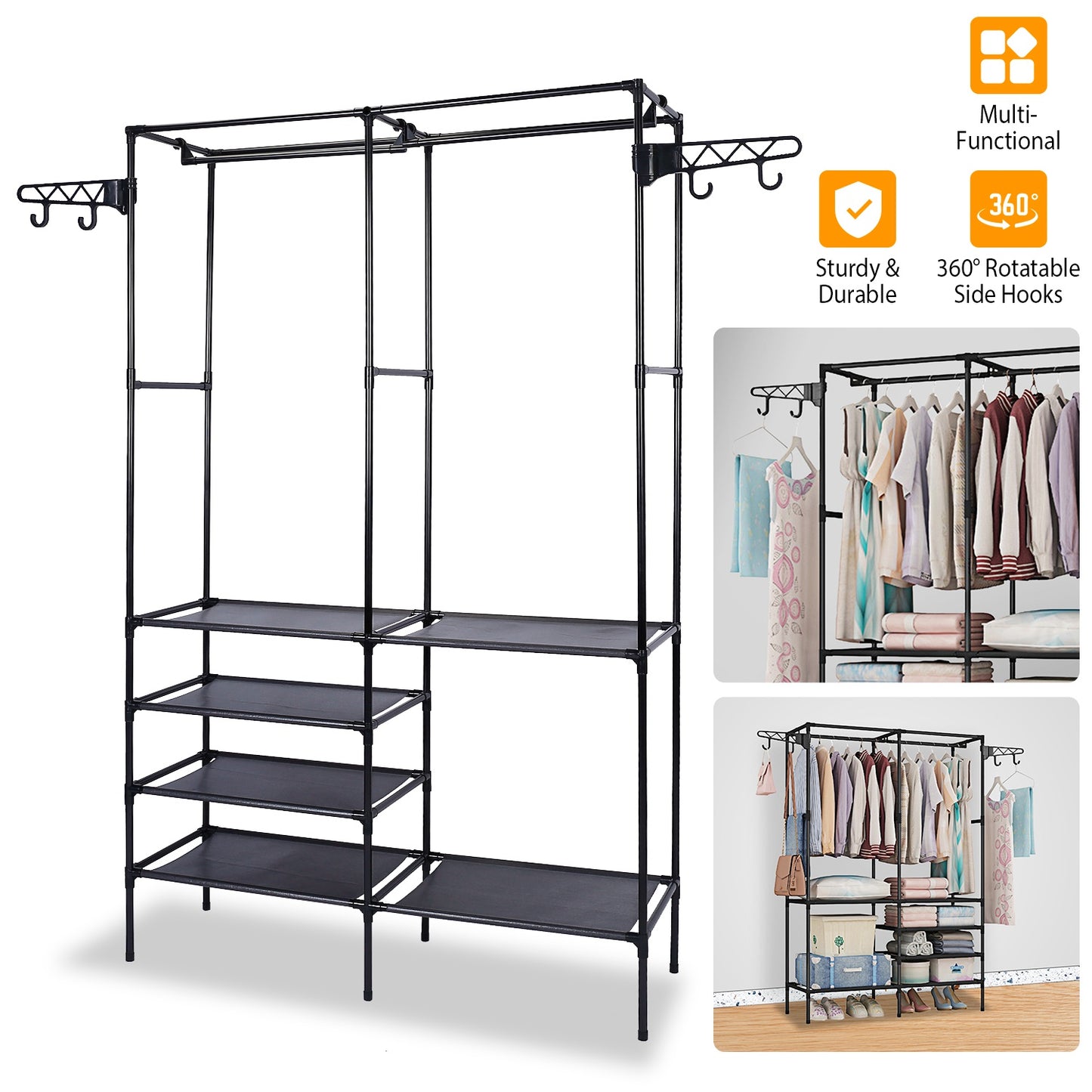 Heavy-Duty Metal Garment Rack with Shelves – Freestanding Clothes & Shoe Organizer