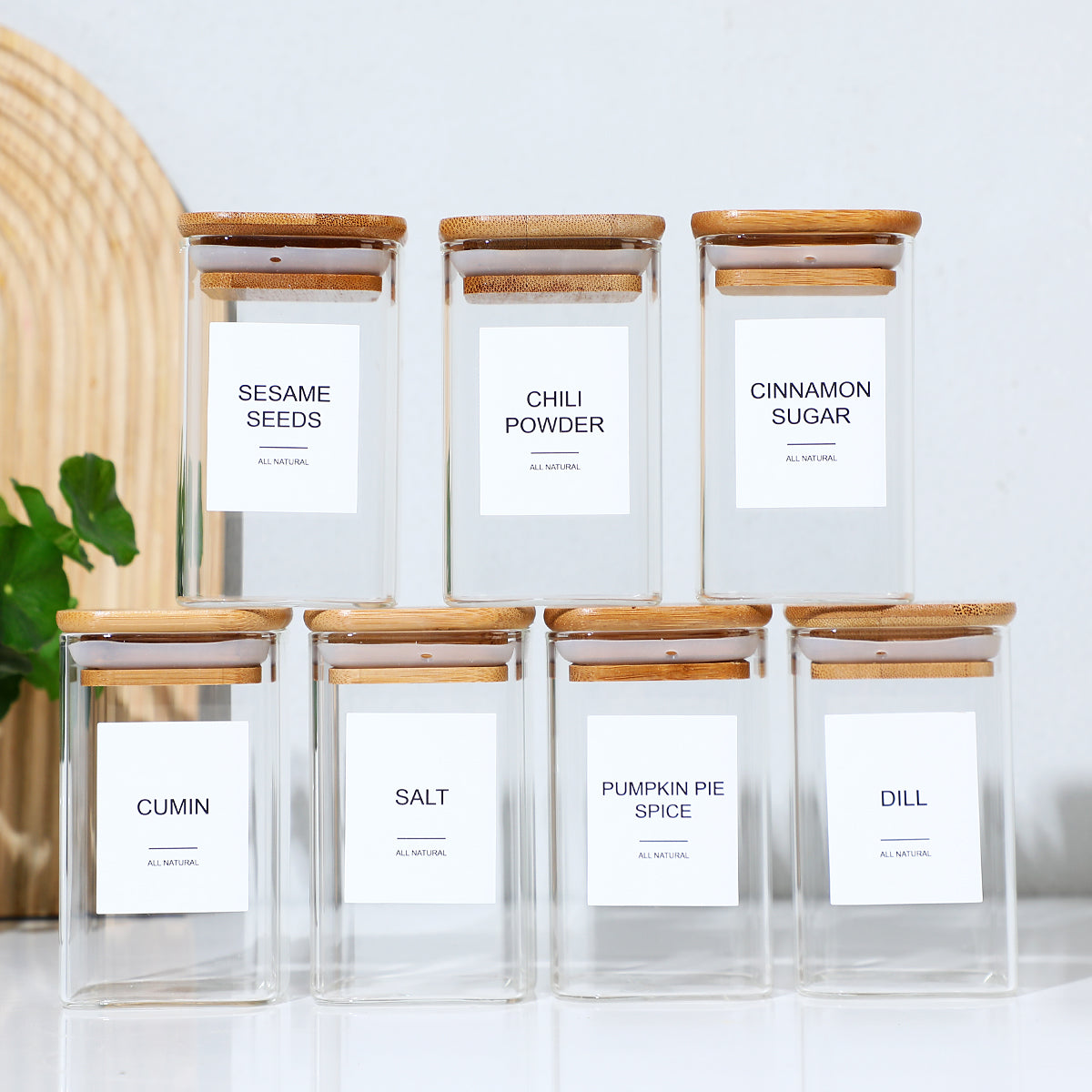 12 Pcs Square Spice Jars Set – Glass Seasoning Containers with Labels & Lids