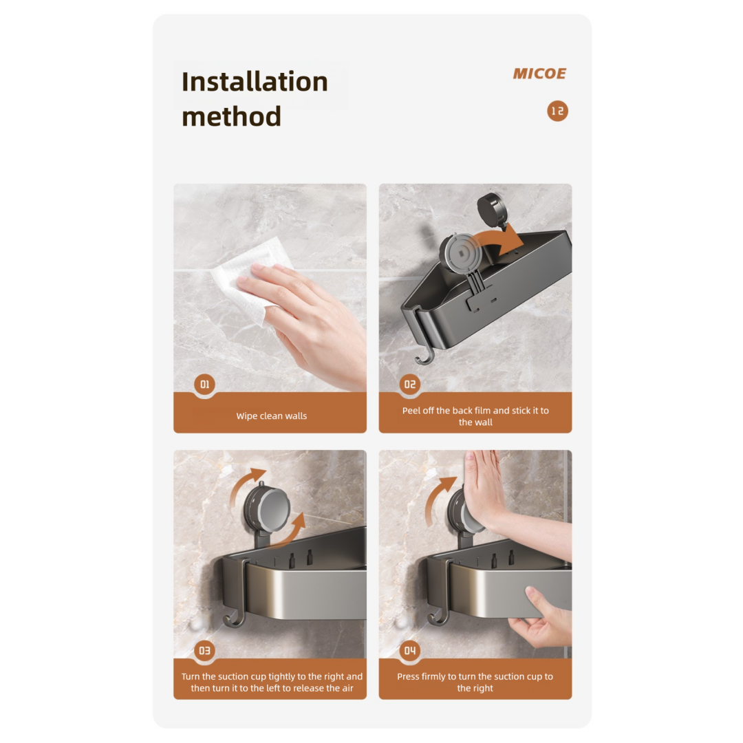 Suction Cup Bathroom Corner Shelf – No Drilling, Heavy-Duty Aluminum